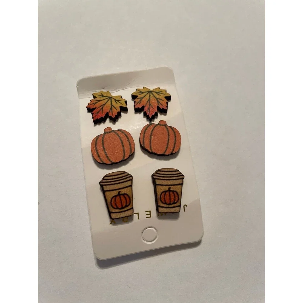 Autumn Fall  Pumpkin Coffee Leaf Wooden 3pc  Earring Set New